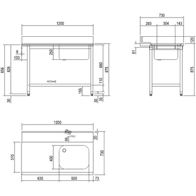 СТОЛ Д/ГРЯЗ.ПОСУДЫ DIHR T55 1200 DX СПЕЦ. ВАННА СПРАВА