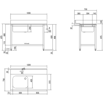 СТОЛ Д/ГРЯЗ.ПОСУДЫ DIHR T55 1200 SX СПЕЦ. ВАННА СЛЕВА